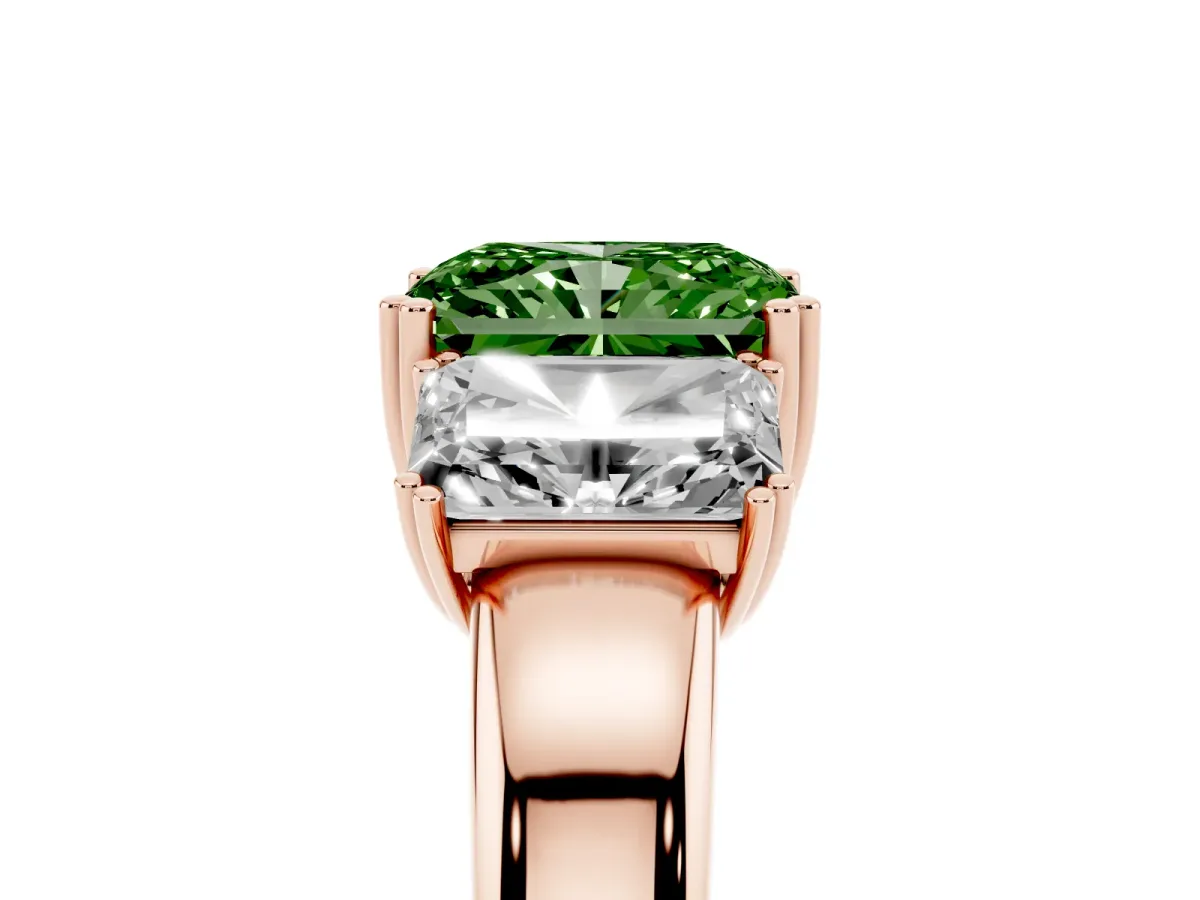 Fancy Green Three-Stone Radiant Cut Cut Diamond Ring with Channel Set Band and Four-Prong Setting Rose gold