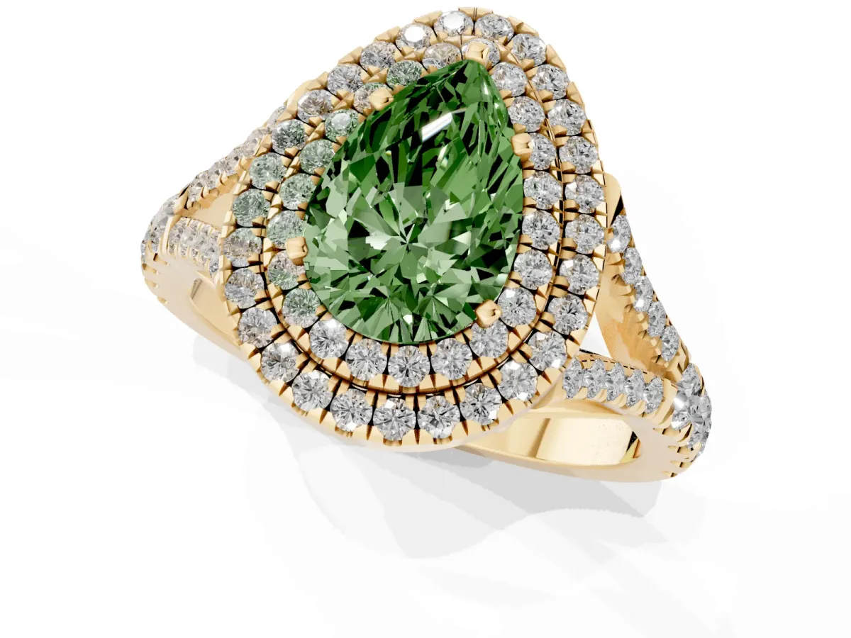Fancy Green Pear Cut Cut Double Halo Split Shank Diamond Ring with Prong Setting Yellow gold