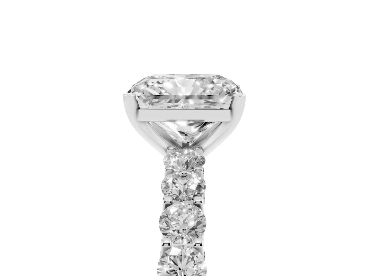 Radiant Cut Diamond Solitaire Ring with Shared Prong Pavé Band and Four-Prong Setting Platinum