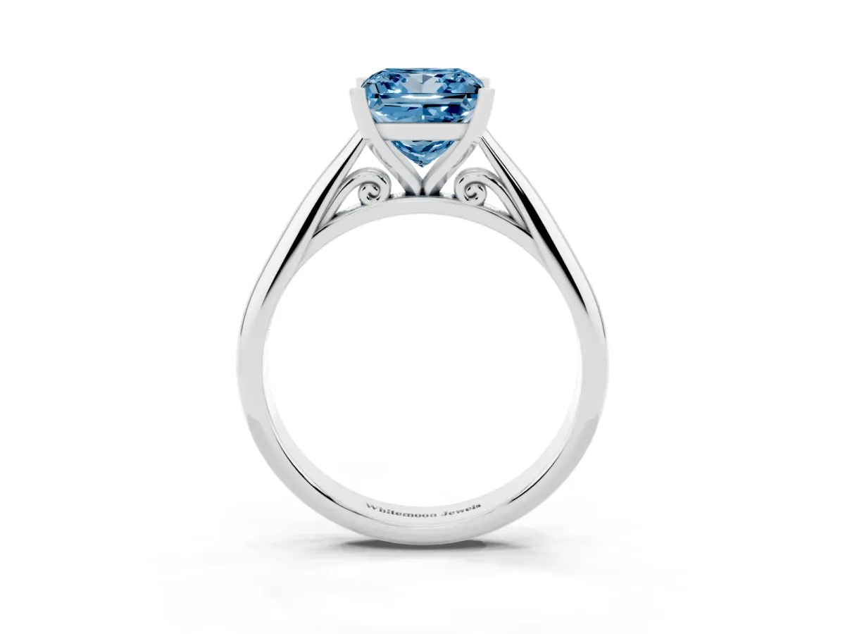 Fancy Blue Princess Cut Diamond Solitaire Engagement Ring with Cathedral Setting and Four-Prong Mount Platinum