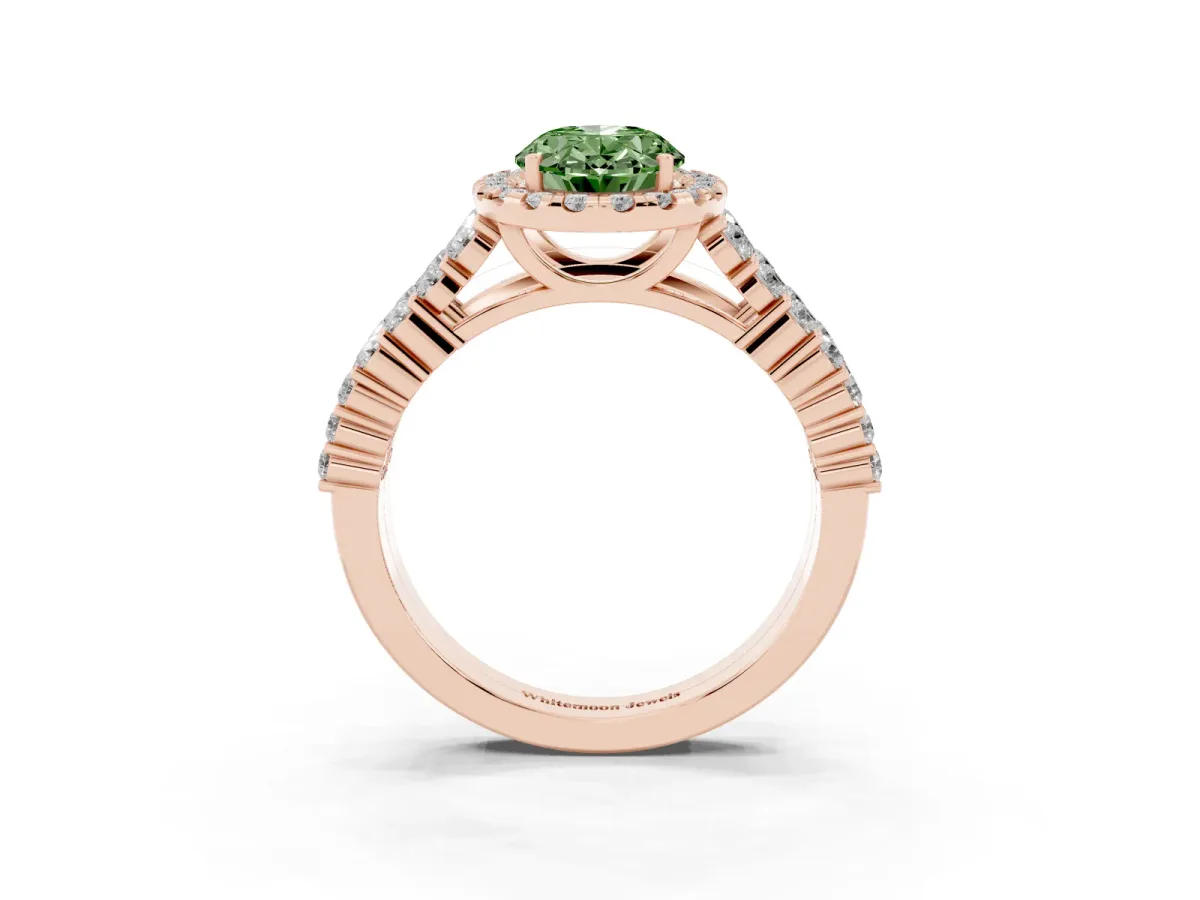 Fancy Green Oval Cut Diamond Halo Engagement Ring with Triple Row Round Pavé Band and Prong Setting Rose gold