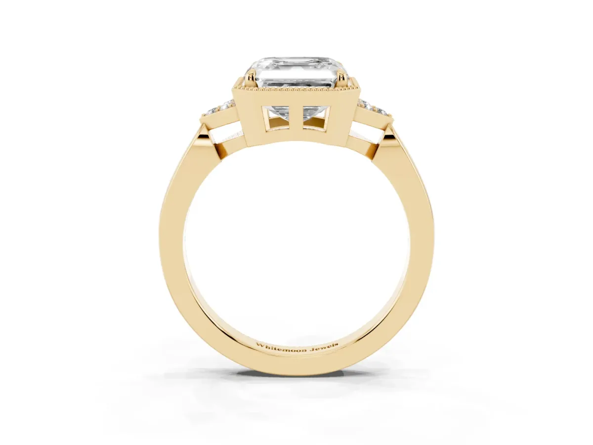 Asscher Cut Diamond Halo Ring with Tapered Band and Four-Prong Setting Yellow gold