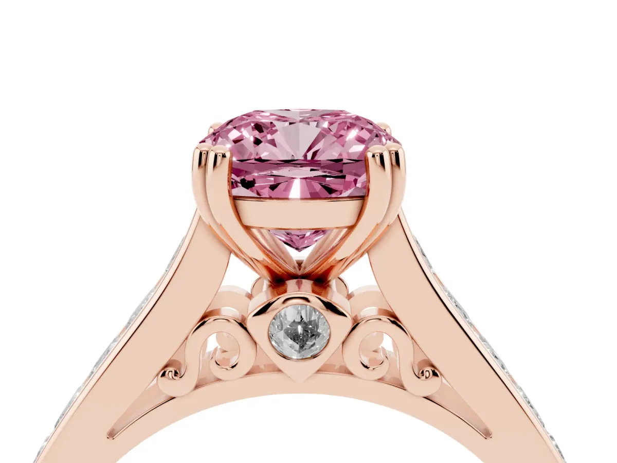 Fancy Pink Cushion Cut Cut Channel Set Solitaire Engagement Ring with Prong Setting Rose gold
