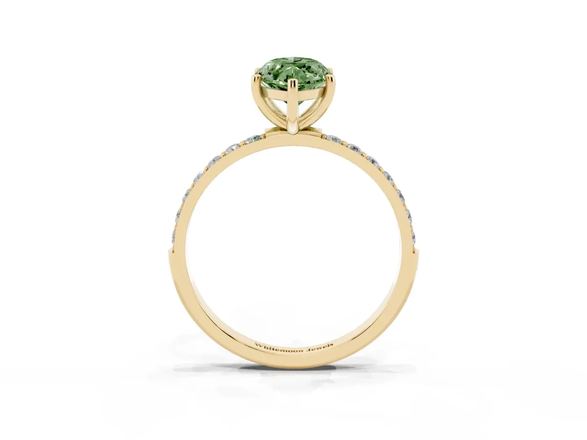 Fancy Green Marquise Cut Diamond Solitaire Ring with Round Pavé Shoulders and Prong Setting Yellow gold