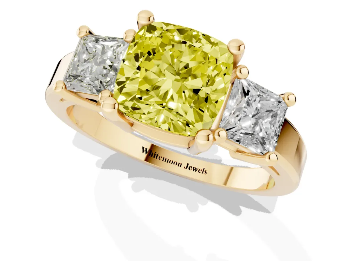 Fancy Yellow Three-Stone Cushion Cut Cut Solitaire Ring with Prong Setting Yellow gold