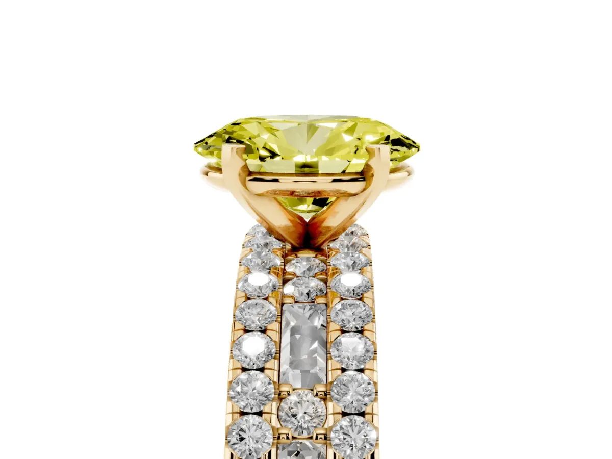 Fancy Yellow Oval Cut Diamond Solitaire Ring with Pavé and Channel Set Band Yellow gold