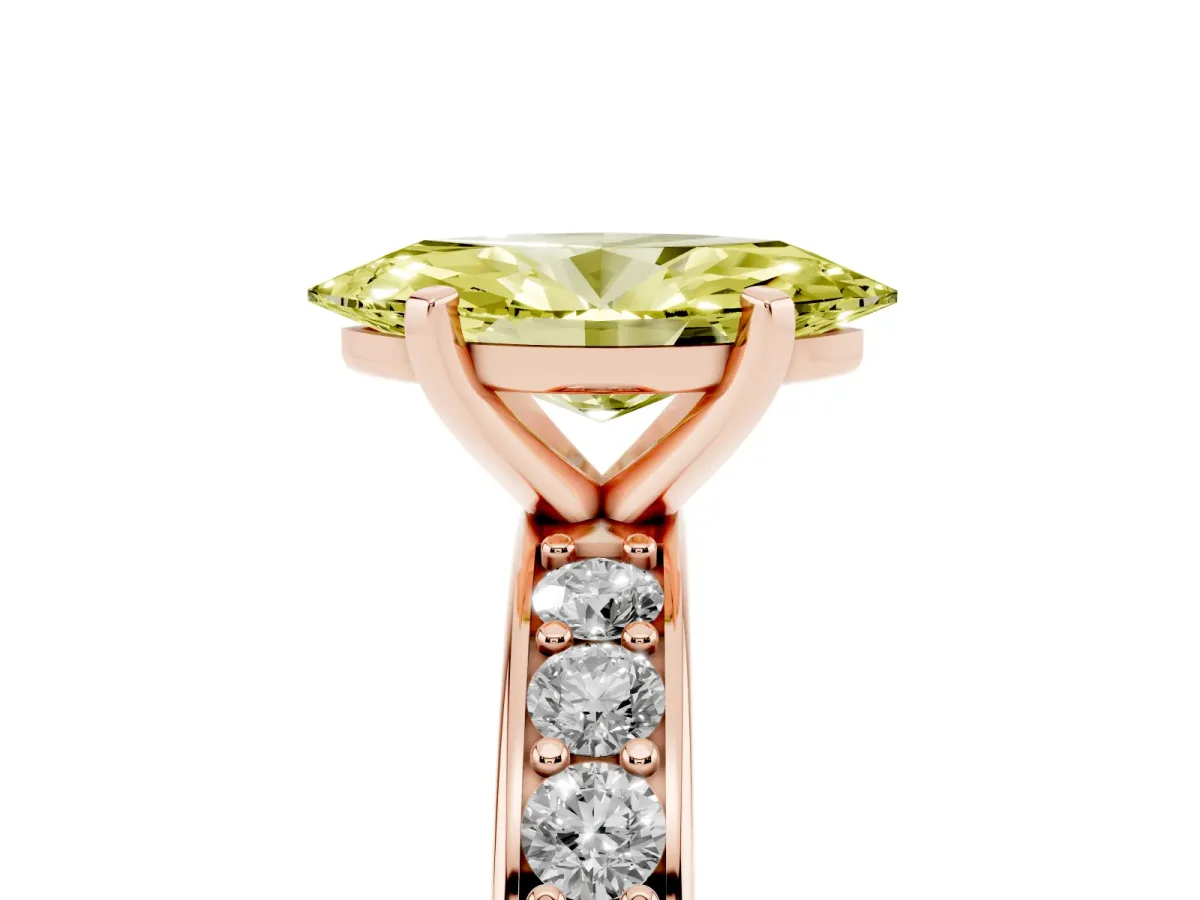 Fancy Yellow Marquise Cut Diamond Engagement Ring with Channel Set Round Band and Prong Setting Rose gold