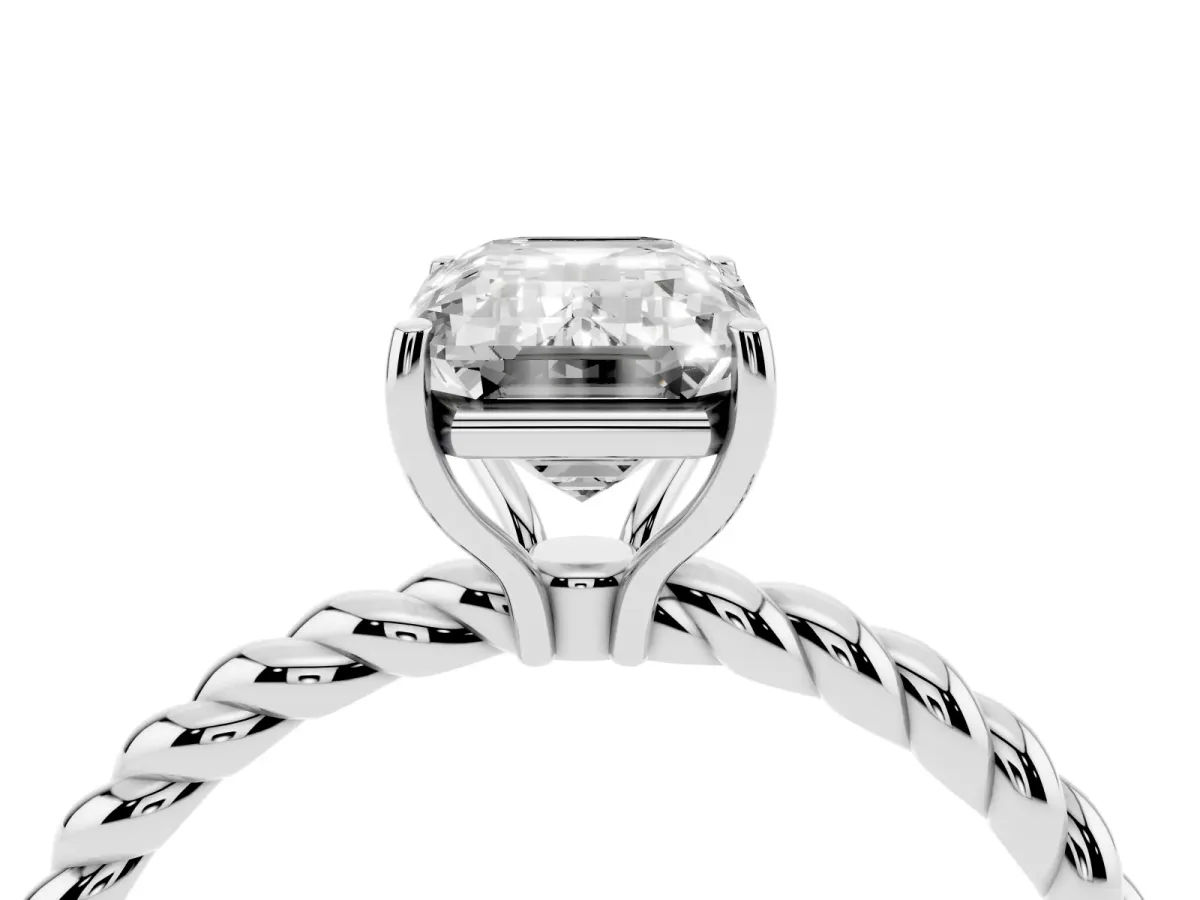 Emerald Cut Solitaire Twisted Band 4-Prong Ring Silver