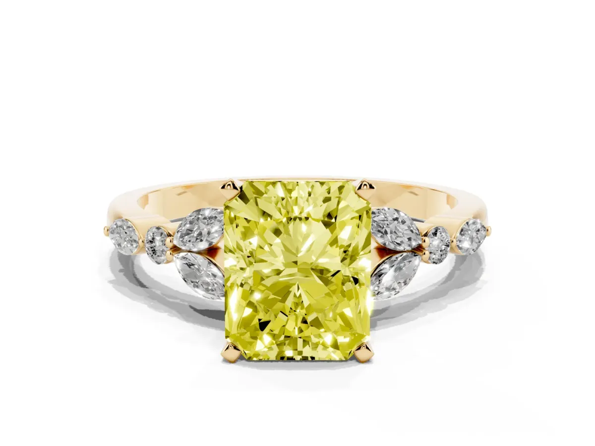 Fancy Yellow Radiant Cut Diamond Solitaire Ring with Side Stones and Four-Prong Setting Yellow gold