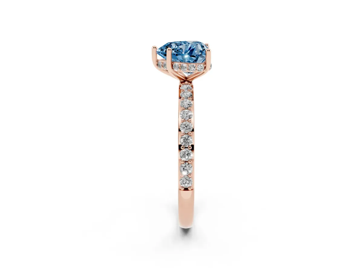 Fancy Blue Heart Cut Diamond Solitaire Ring with Pavé Band and Hidden Halo Rose gold
