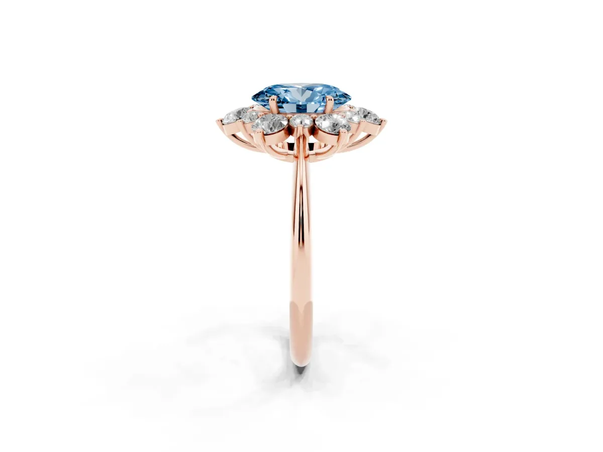 Fancy Blue Oval Cut Diamond Cluster Halo Ring with Solitaire Band and Four-Prong Setting Rose gold