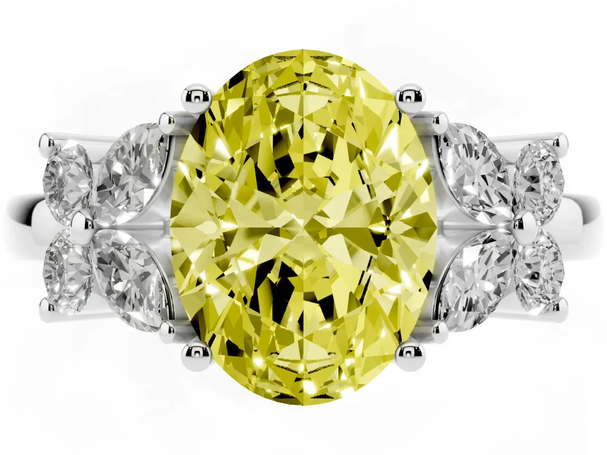 Fancy Yellow Oval Cut Diamond Floral Cluster Ring with Solitaire Band and Prong Setting White gold