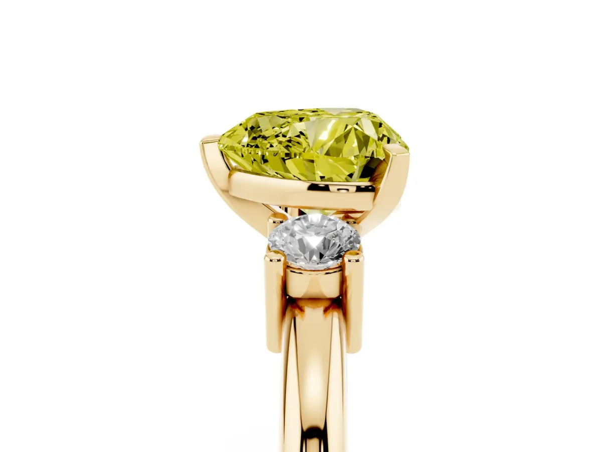 Fancy Yellow Three-Stone Heart Cut Cut Diamond Solitaire with Prong Setting and Classic Band Yellow gold