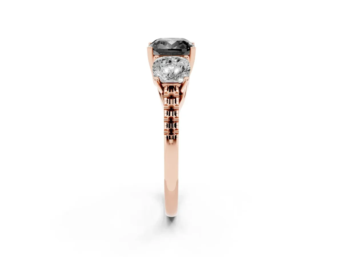 Fancy Black Three-Stone Cushion Cut Diamond Ring with Round Pavé Band and Prong Setting Rose gold