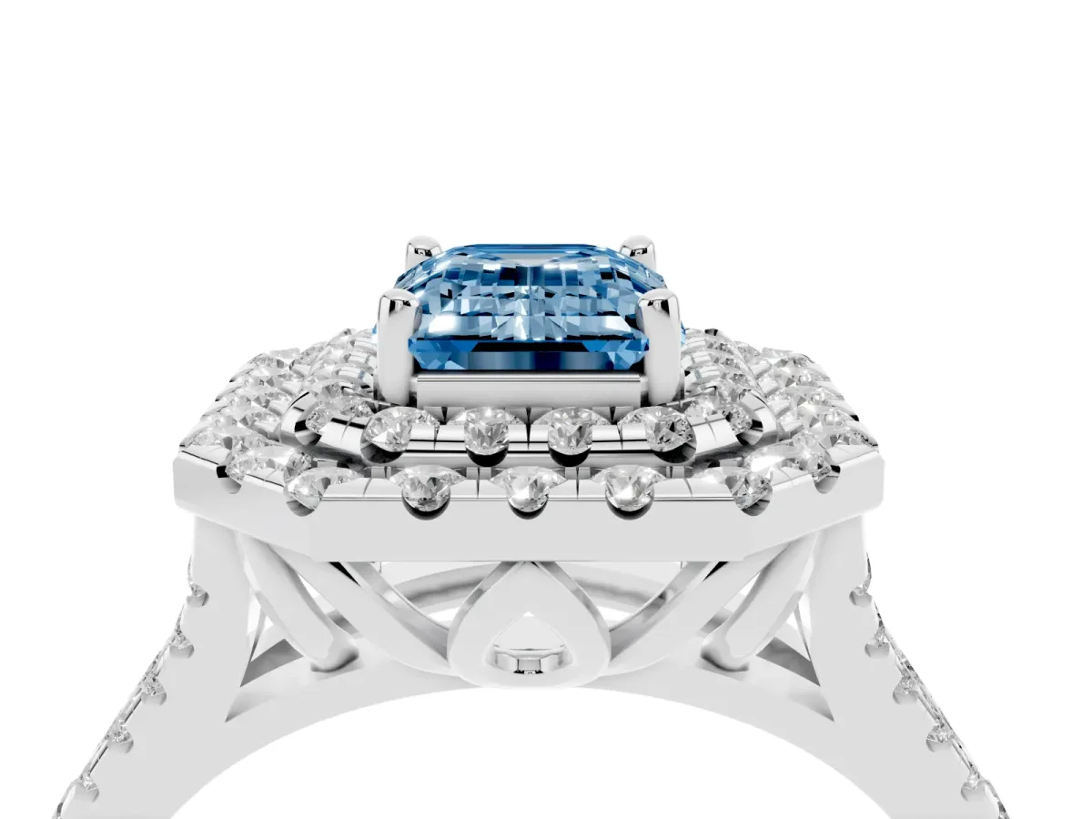 Fancy Blue Double Halo Emerald Cut Diamond Pavé Split Shank Ring with Prong Setting Platinum