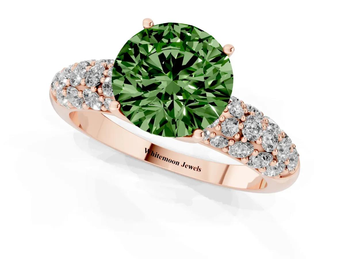 Fancy Green Round Cut Diamond Pavé Band Solitaire Ring with Four-Prong Setting Rose gold