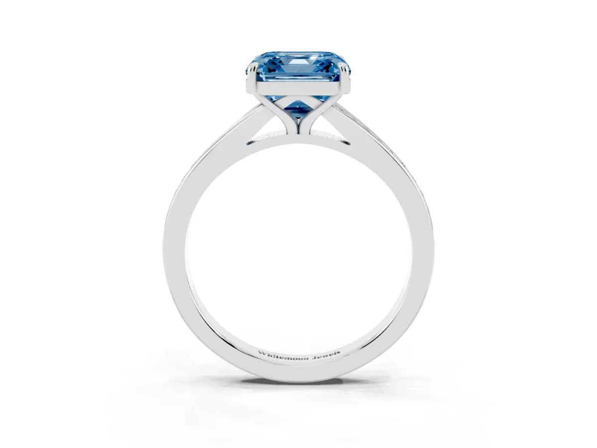 Fancy Blue Asscher Cut Diamond Solitaire Ring with Pavé Band and Prong Setting Silver