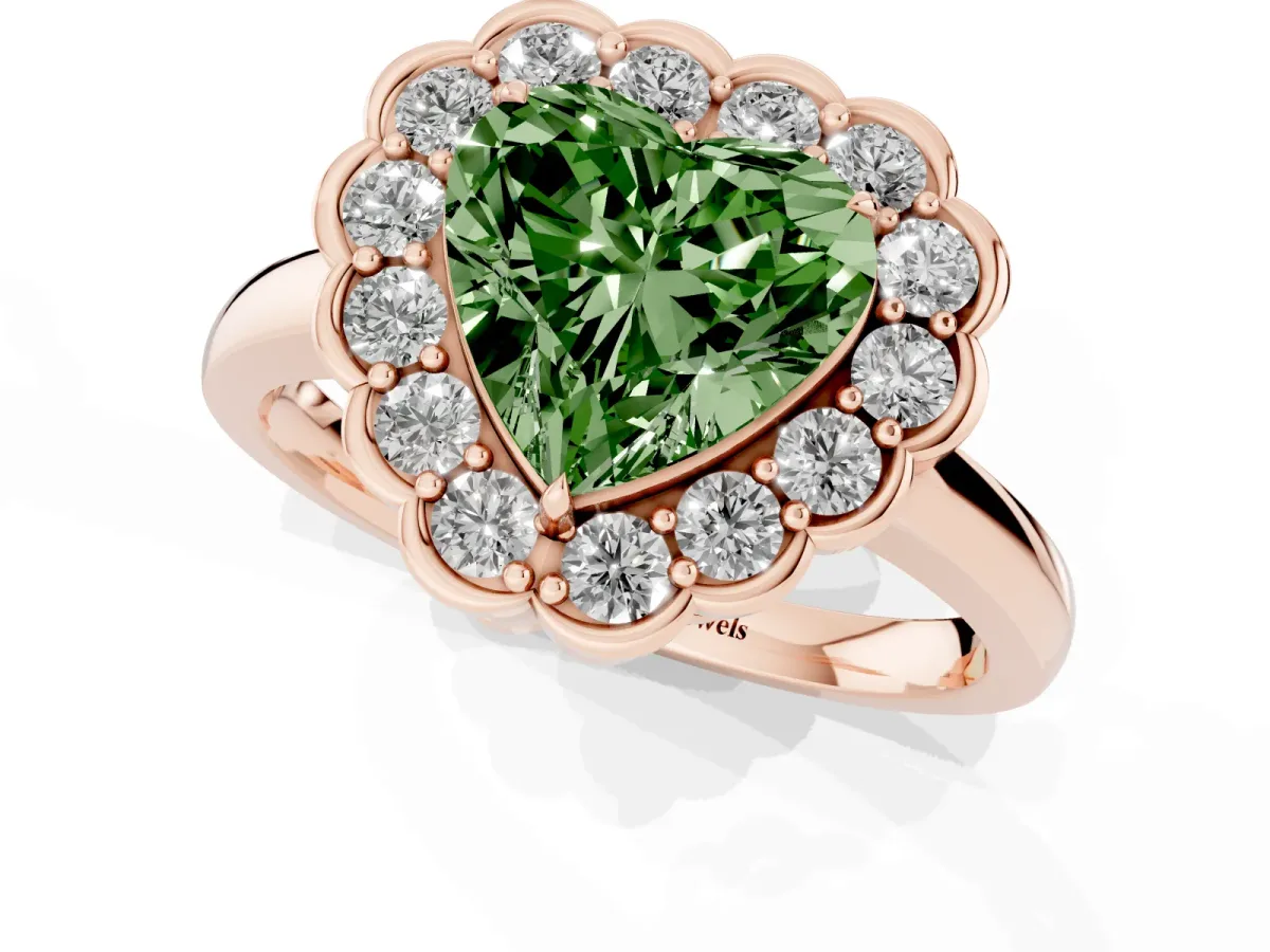 Fancy Green Heart Cut Halo Cluster Diamond Engagement Ring with Solitaire Band and Prong Setting Rose gold