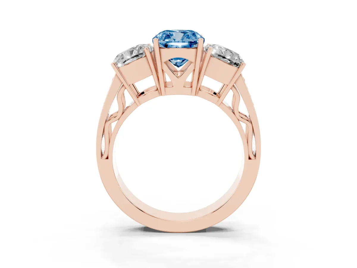 Fancy Blue Cushion Cut Diamond Three-Stone Ring with Prong Setting and Textured Band Rose gold