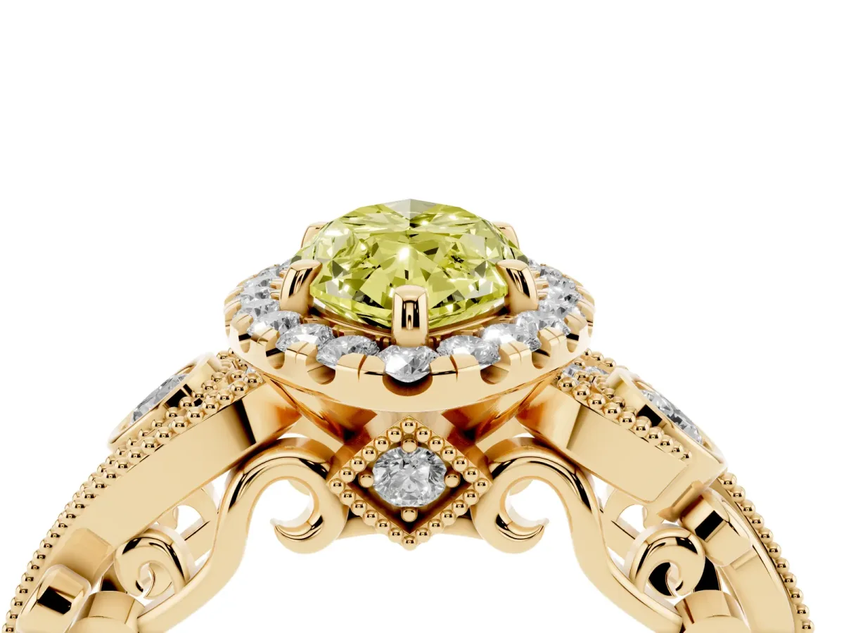 Fancy Yellow Marquise Cut Halo Diamond Ring with Milgrain and Bezel Accents on a Split Shank Band Yellow gold