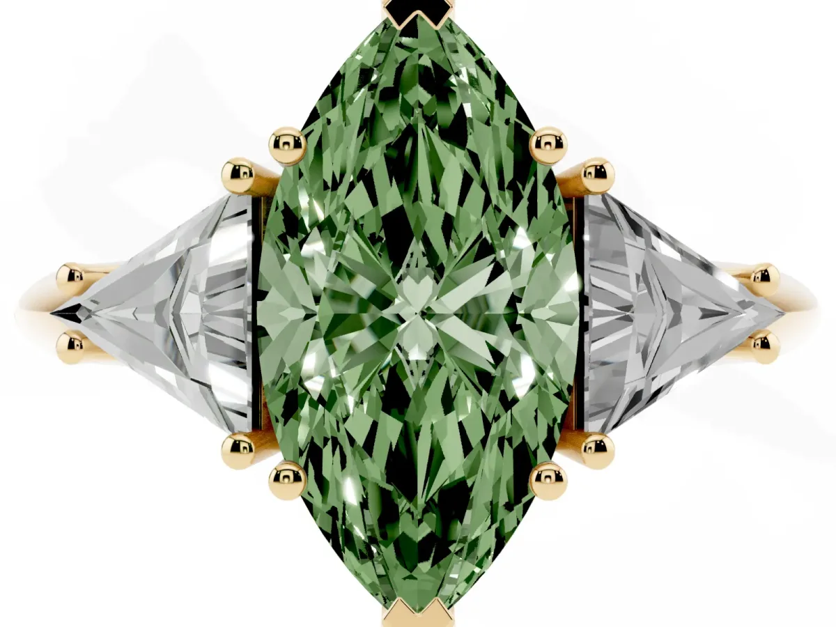 Fancy Green Three-Stone Marquise Cut Diamond Engagement Ring with Trillion Side Stones and Prong Setting Yellow gold