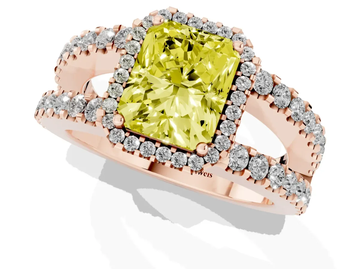 Fancy Yellow Radiant Cut Cut Halo Split Shank Diamond Ring with Four-Prong Setting Rose gold