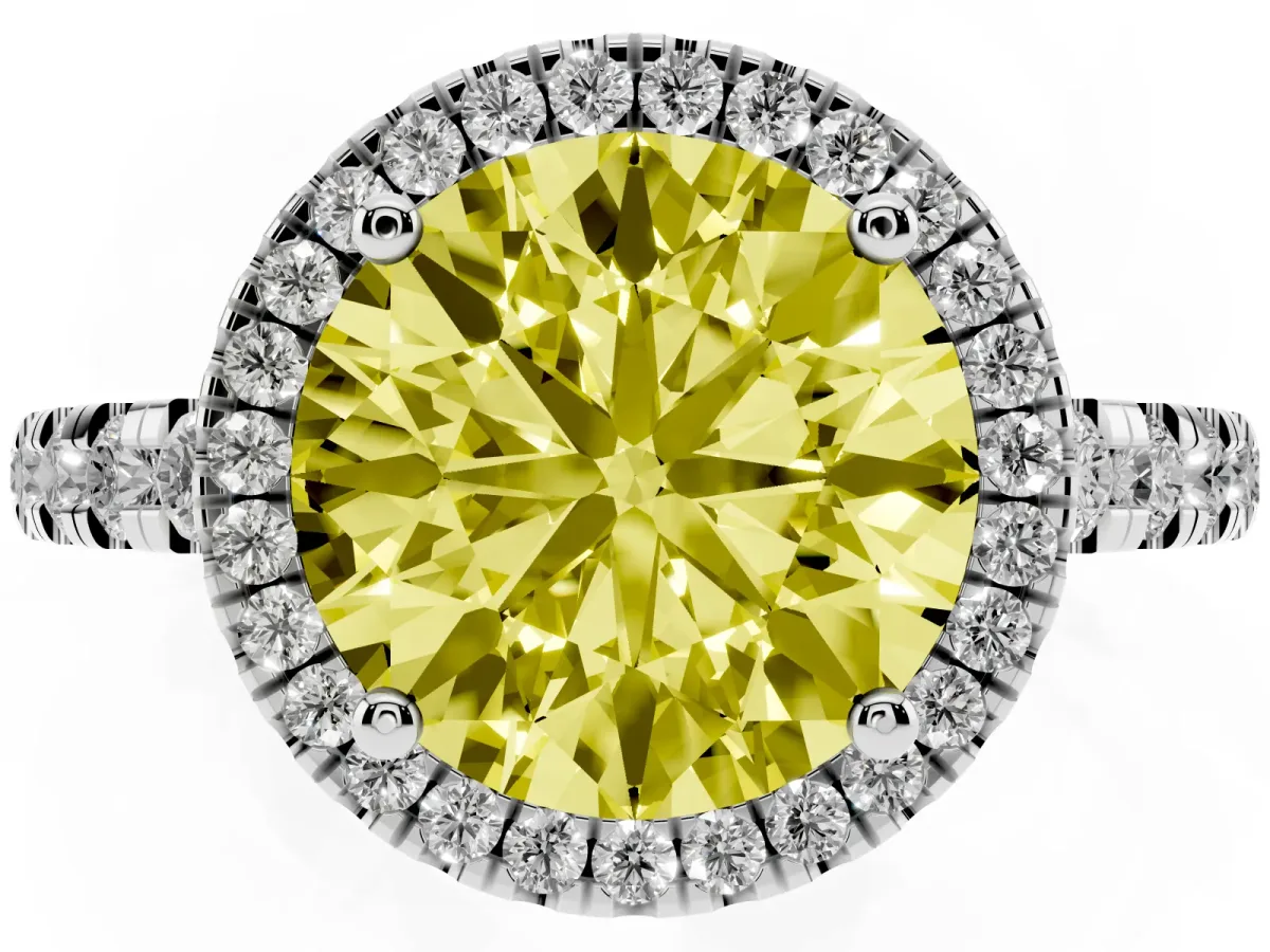 Fancy Yellow Round Cut Diamond Halo Ring with Pavé Band and Four-Prong Setting White gold