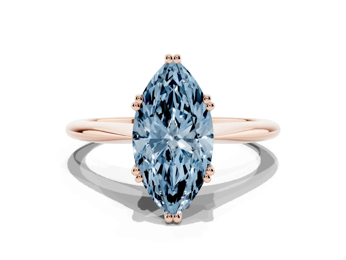 Fancy Blue Marquise Cut Solitaire Diamond Ring with Six-Prong Setting and Classic Band Rose gold