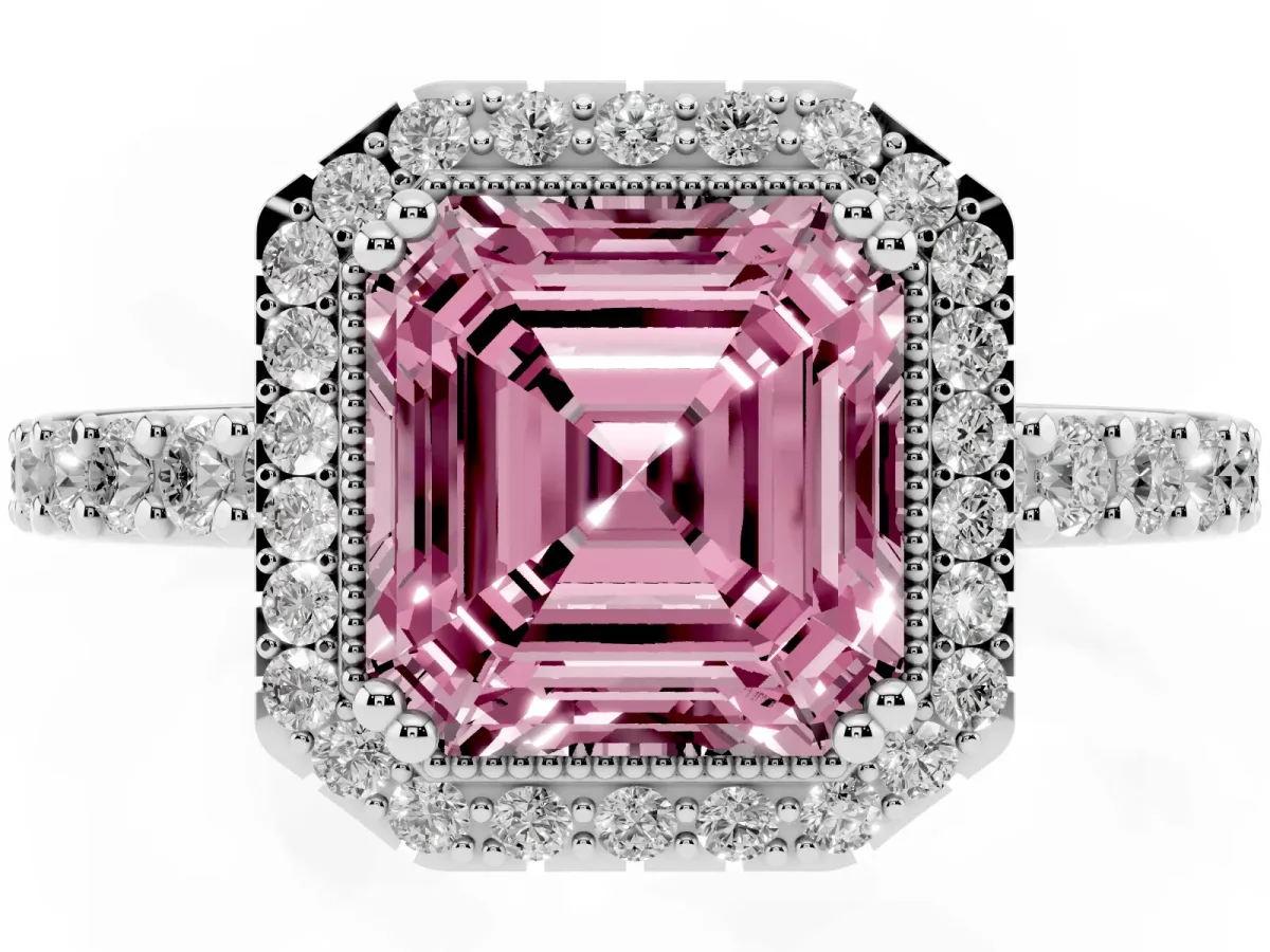 Fancy Pink Asscher Cut Cut Diamond Halo Engagement Ring with Milgrain Detail and Pavé Band Silver