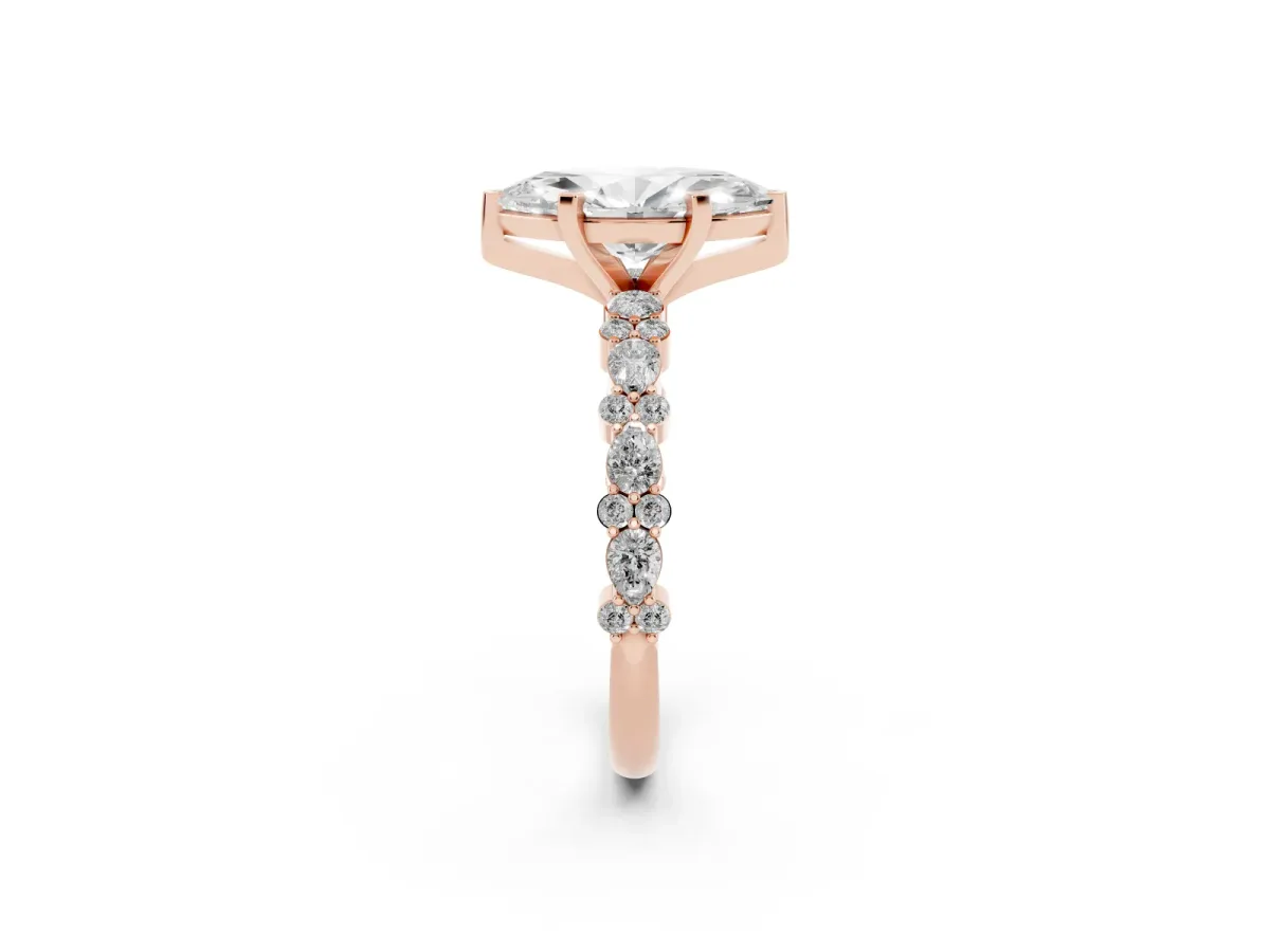 Marquise Cut Diamond Side Stone Solitaire Ring with Round and Four-Prong Setting Rose gold