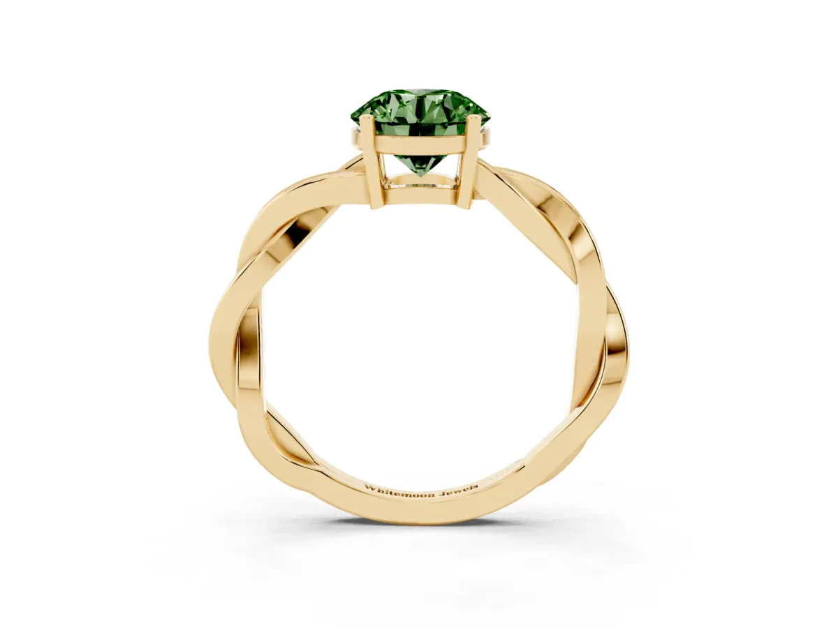 Fancy Green Round Cut Solitaire Twisted Pave Diamond Ring with Four-Prong Setting Yellow gold