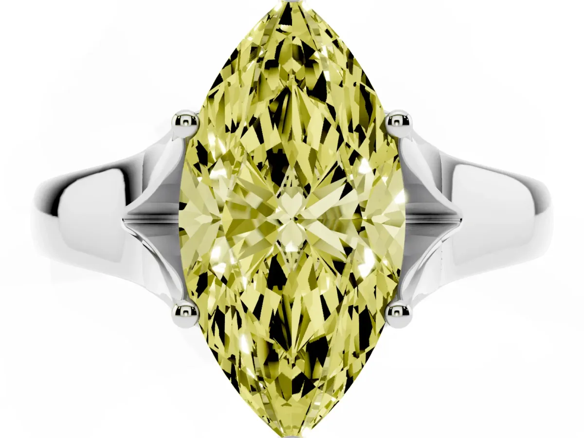 Fancy Yellow Marquise Cut Solitaire Diamond Ring with Cathedral Band and Four-Prong Setting Silver