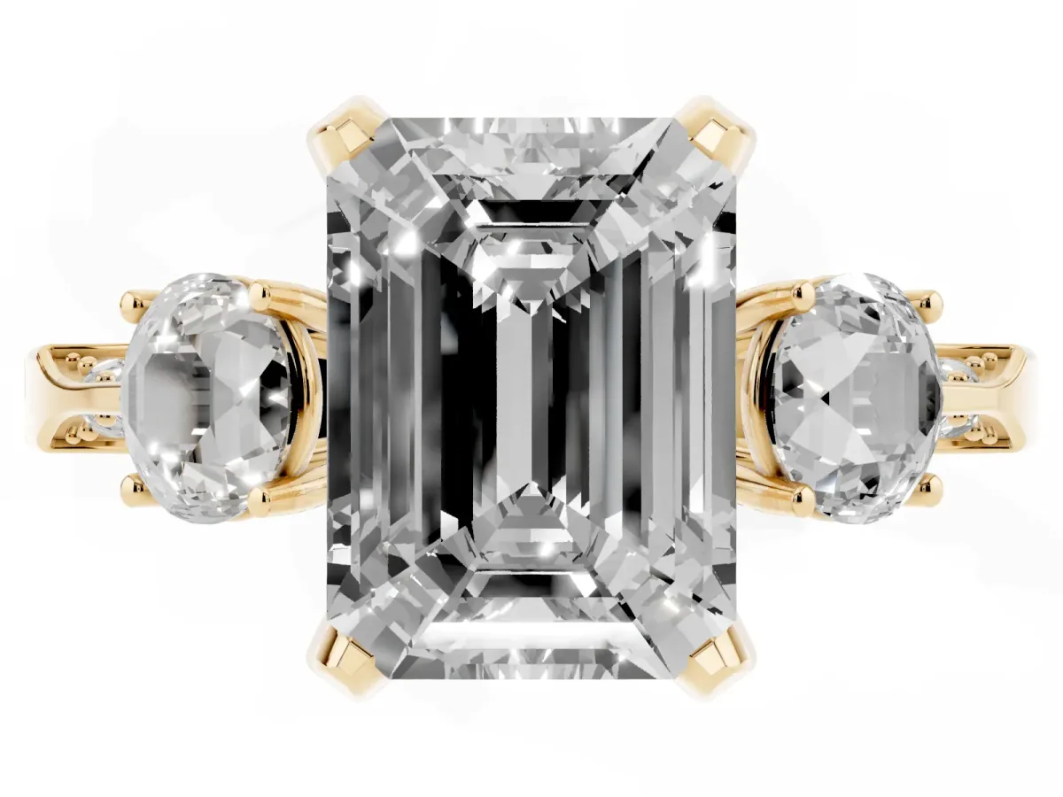 Fancy Green Emerald Cut Brilliant Three-Stone Diamond Ring with Pavé Band and Four-Prong Setting Yellow gold