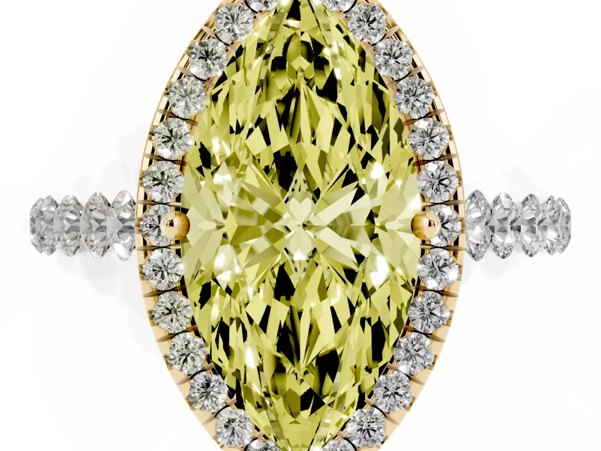 Fancy Yellow Marquise Cut Halo Pavé Diamond Engagement Ring with Four-Prong Setting Yellow gold