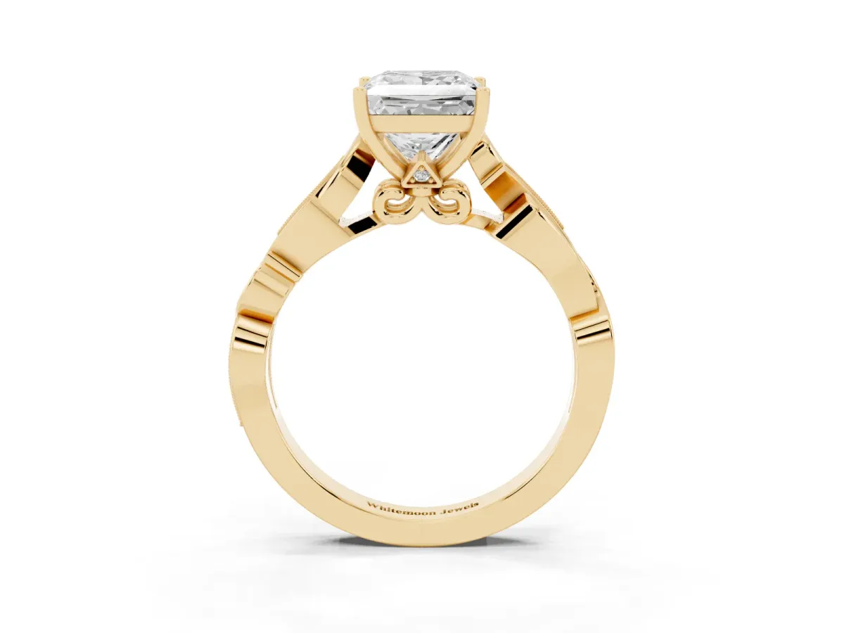 Princess Cut Solitaire Vine Band with Milgrain Prong Setting Yellow gold