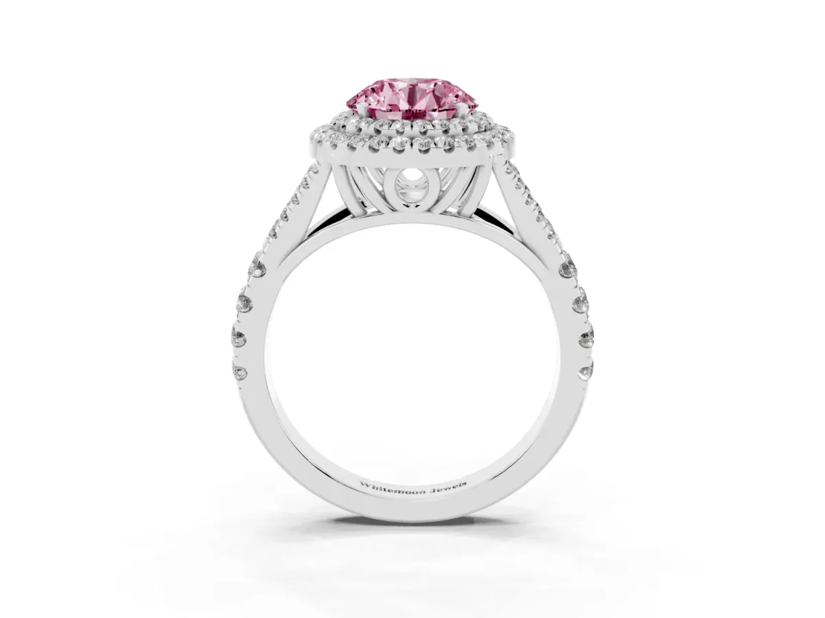 Fancy Pink Round Cut Diamond Pavé Split Shank Double Halo Engagement Ring Silver
