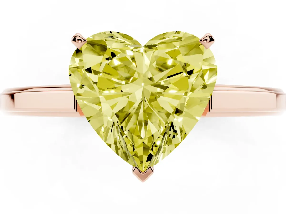 Fancy Yellow Heart Cut Solitaire Diamond Ring with Four-Prong Setting and Classic Band Rose gold