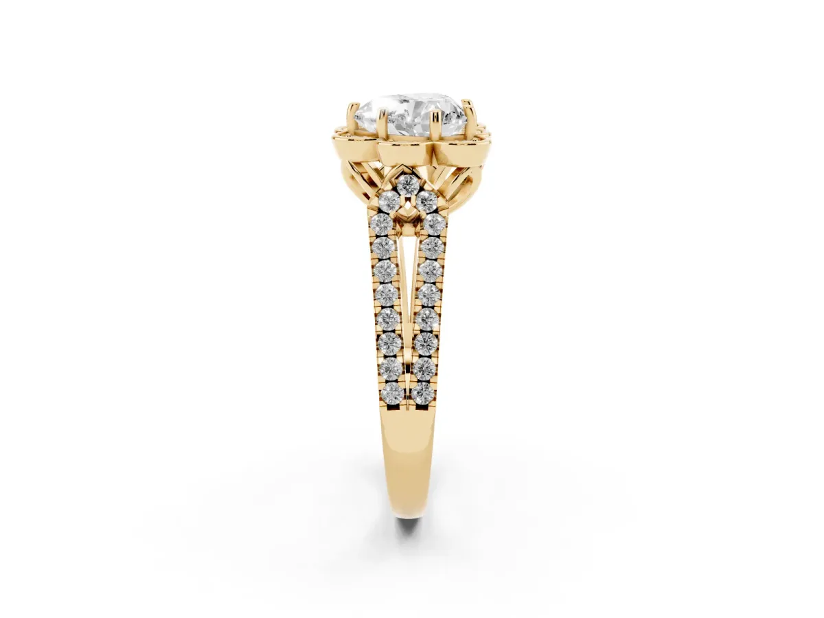 Heart Cut Halo Diamond Floral Split Shank Engagement Ring Yellow gold
