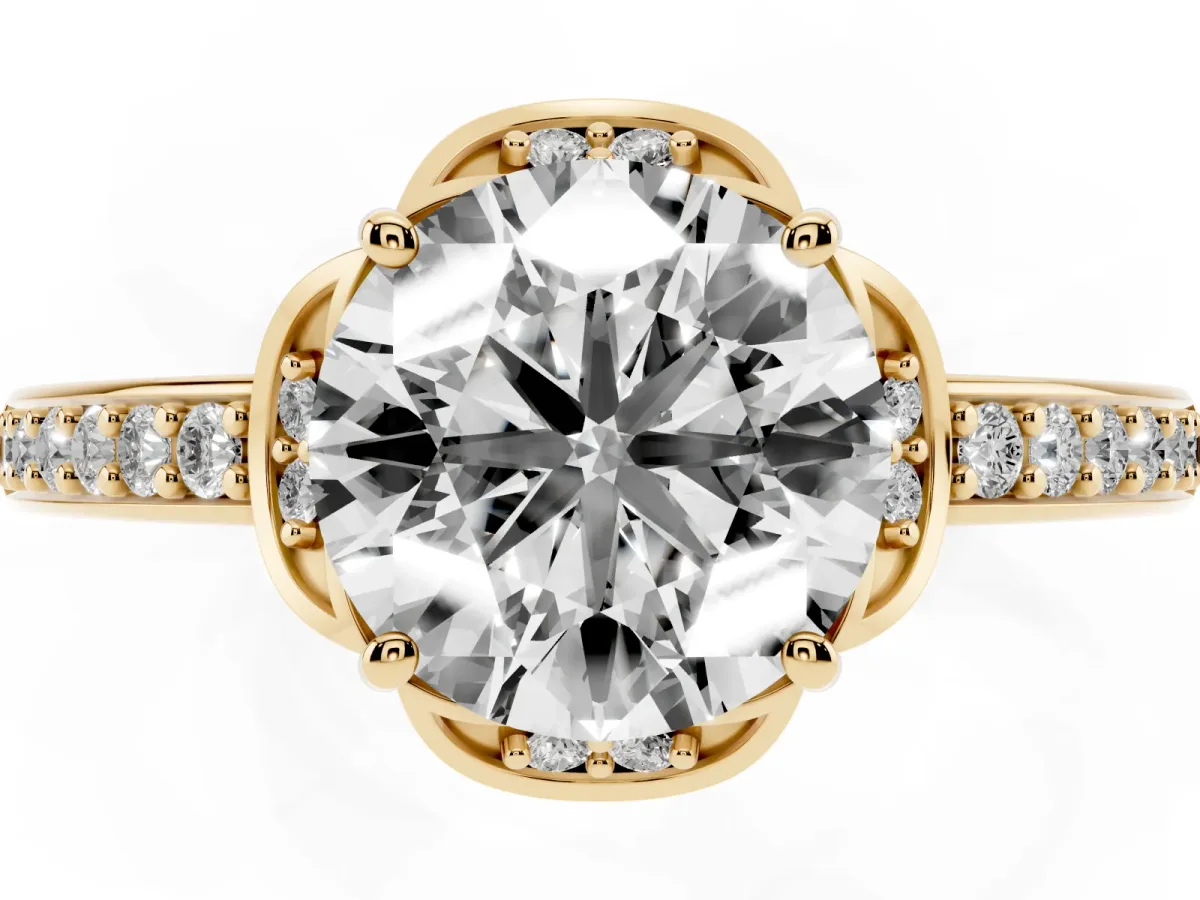 Round Cut Cut Halo Diamond Ring with Channel Set Band and Four-Prong Setting Yellow gold