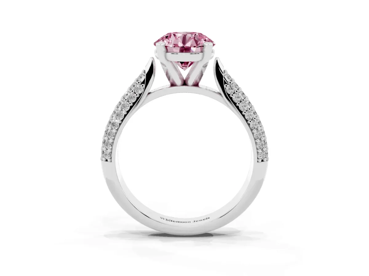 Fancy Pink Round Cut Diamond Solitaire Engagement Ring with Multi-Row Round Pavé Band and Prong Setting White gold