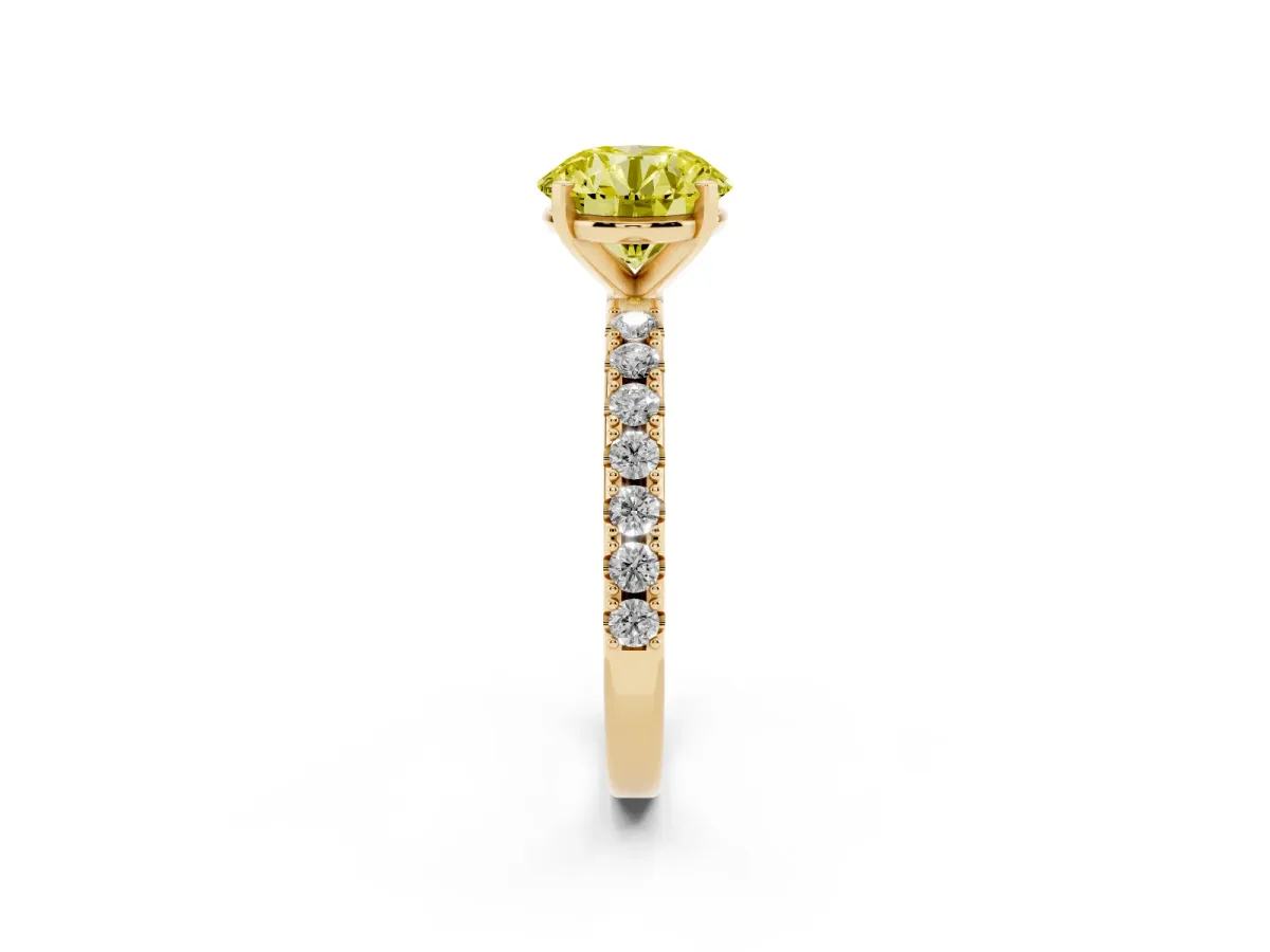 Fancy Yellow Round Cut Diamond Solitaire Pavé Band with Four-Prong Setting Yellow gold