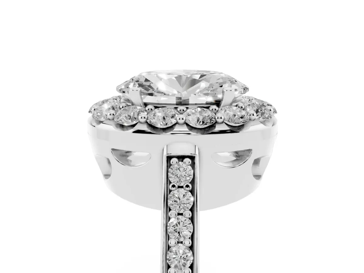 Oval Cut Diamond Floral Halo Ring with Pavé Band and Prong Setting Platinum