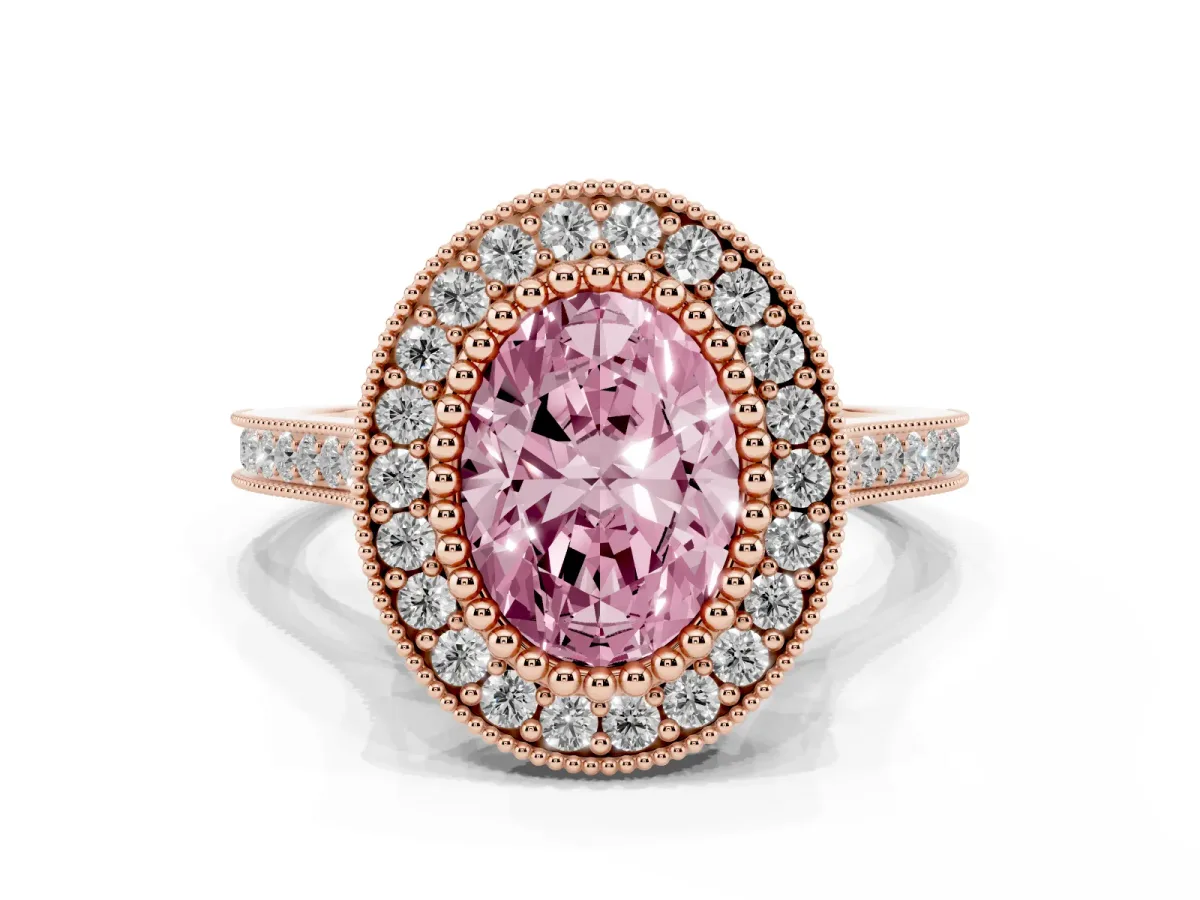 Fancy Pink Oval Cut Diamond Halo Ring with Milgrain Frame and Pavé Band Rose gold