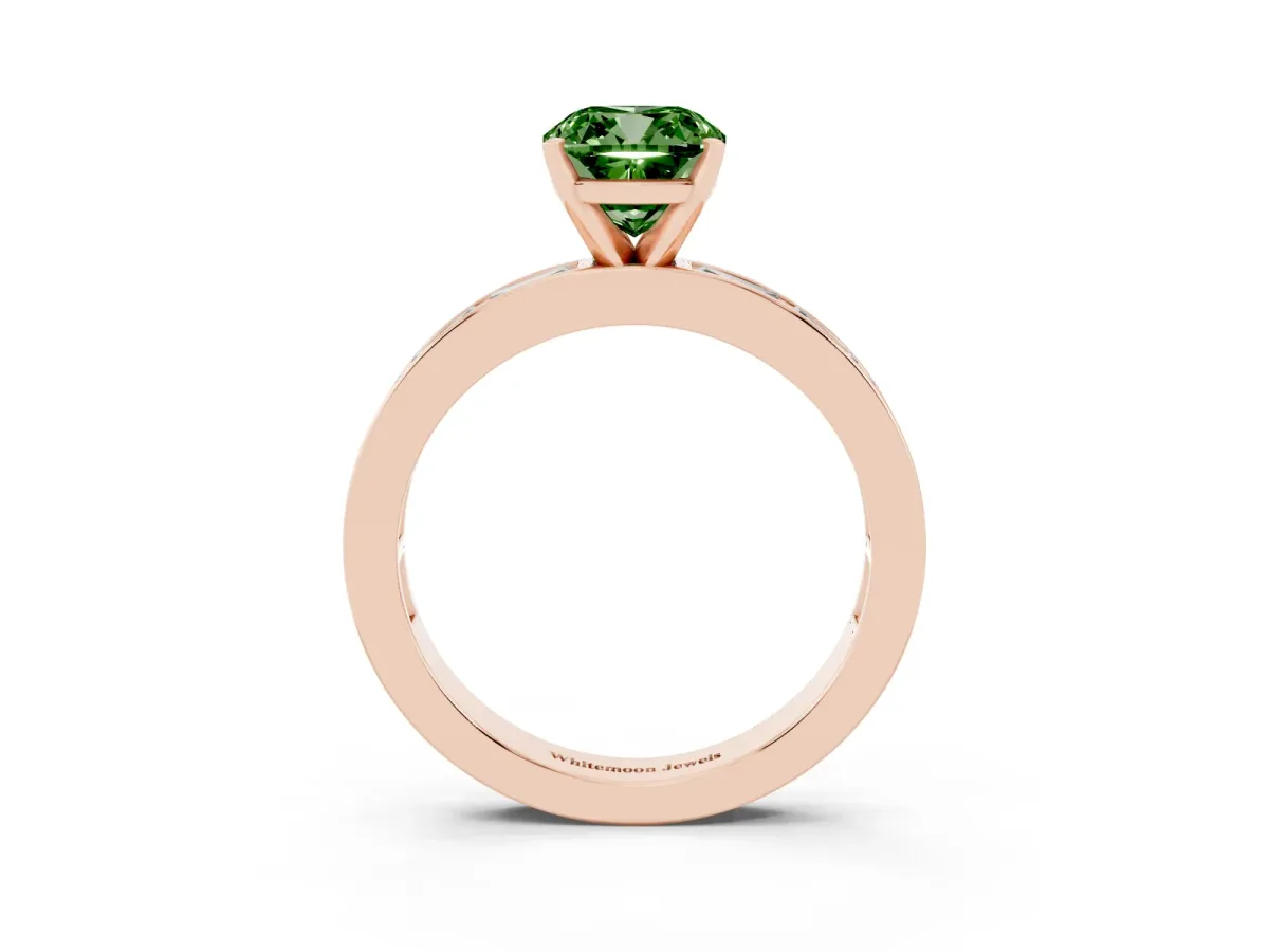 Fancy Green Cushion Cut Solitaire Diamond Ring with Channel-Set Baguette Band and Four-Prong Setting Rose gold