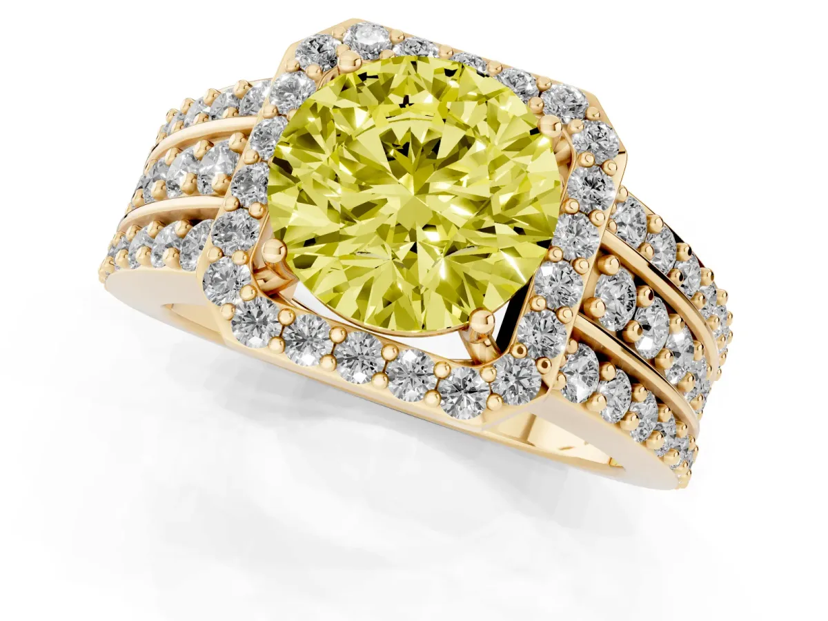 Fancy Yellow Round Cut Halo Diamond Ring with Round Split Shank and Prong Setting Yellow gold