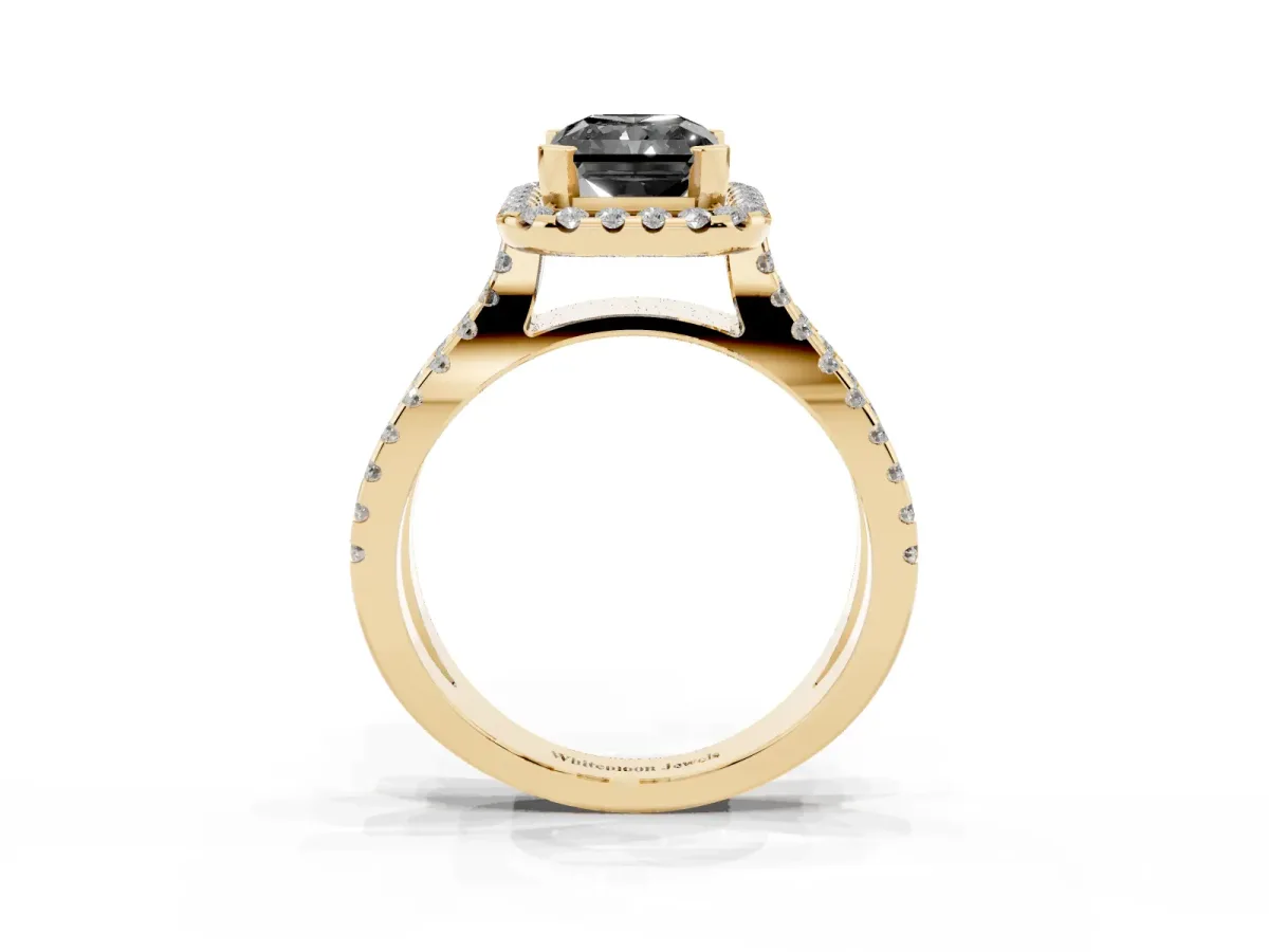 Fancy Black Radiant Cut Diamond Halo Ring with Split Shank Pavé Band and Prong Setting Yellow gold