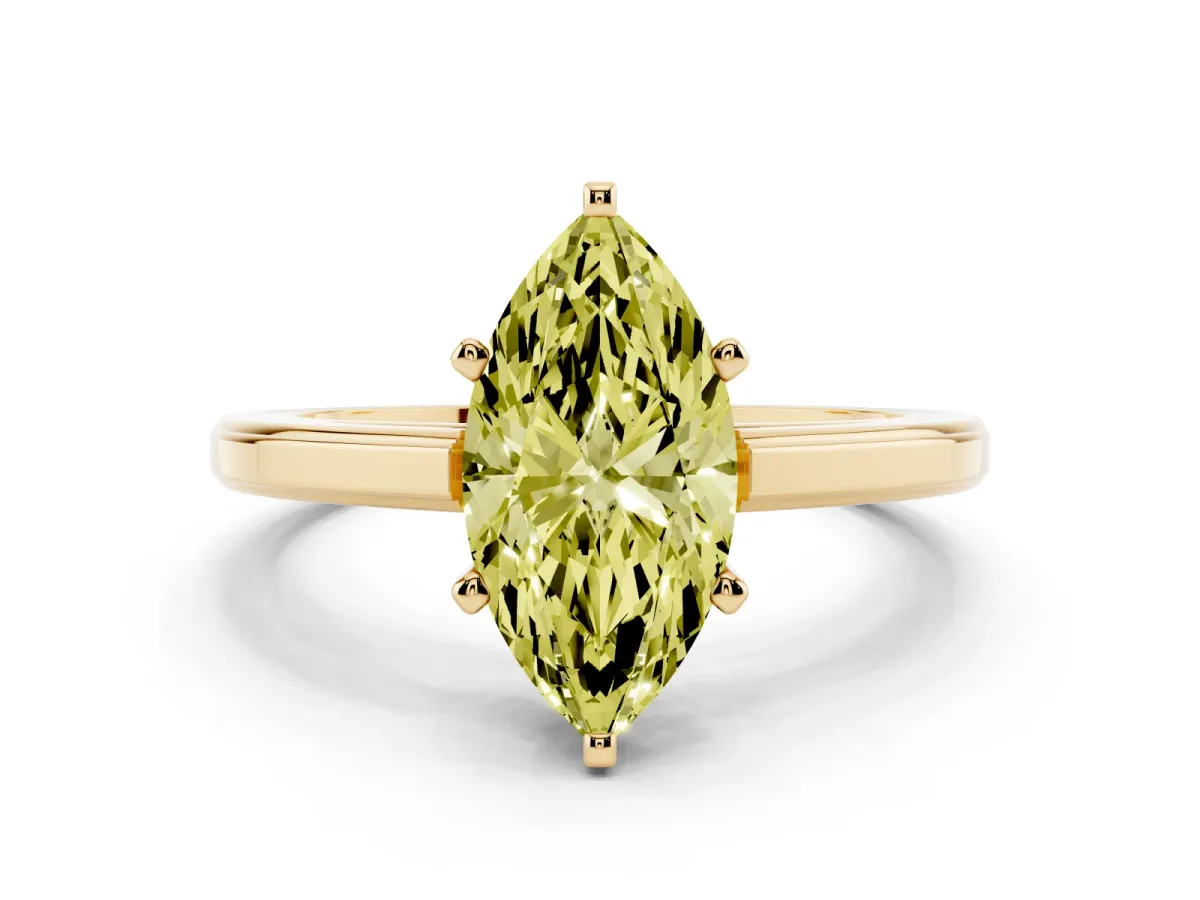 Fancy Yellow Marquise Cut Solitaire Diamond Ring with Four-Prong Setting and Classic Band Yellow gold