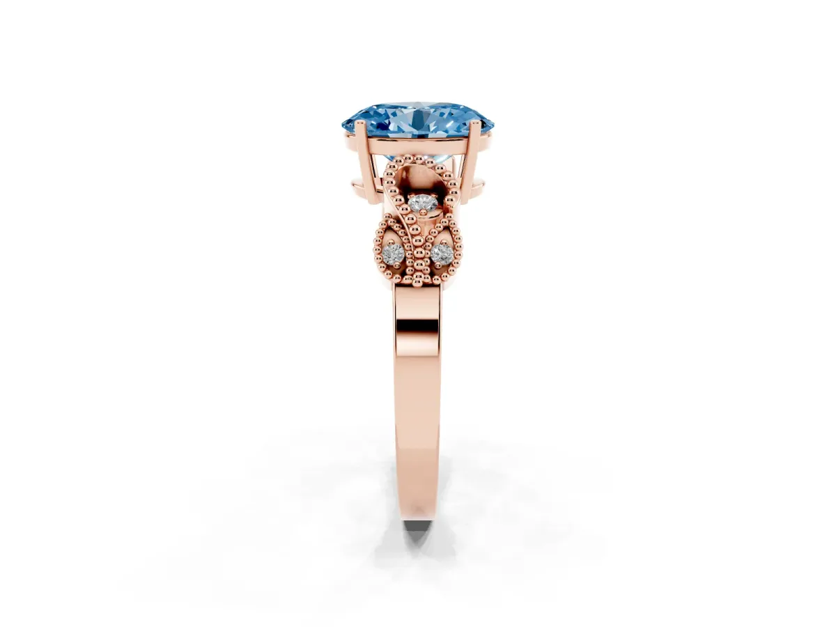 Fancy Blue Oval Cut Solitaire Milgrain Leaf Band with Prong Setting Rose gold