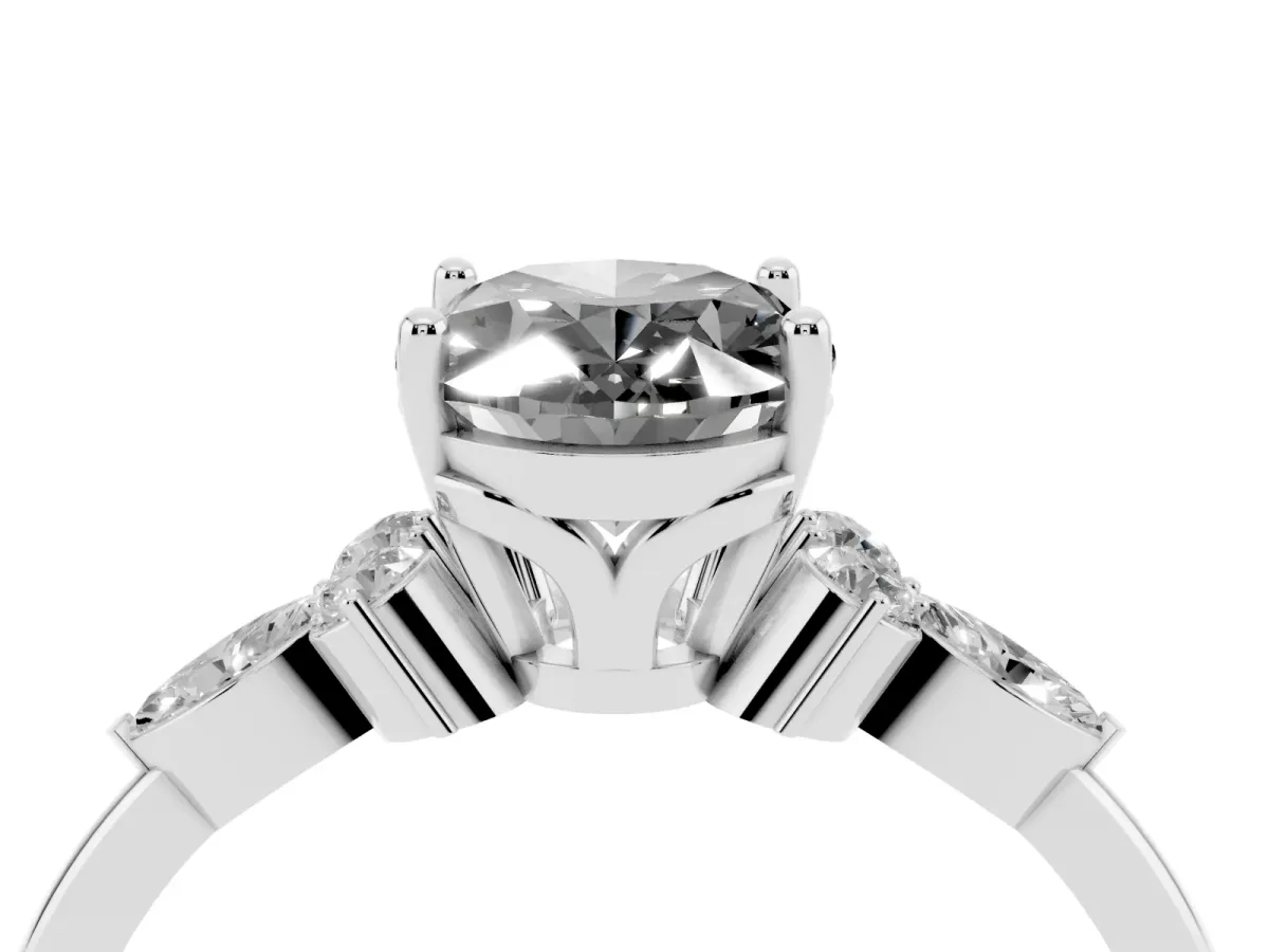 Fancy Black Oval Cut Brilliant Diamond Solitaire Ring with Pear Side Stones and Four-Prong Setting Silver