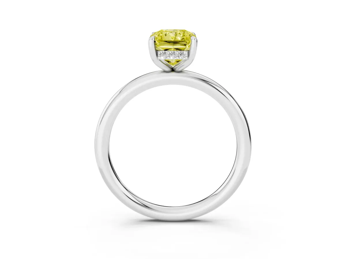 Fancy Yellow Radiant Cut Diamond Solitaire Ring with Thin Band and Four-Prong Setting Platinum